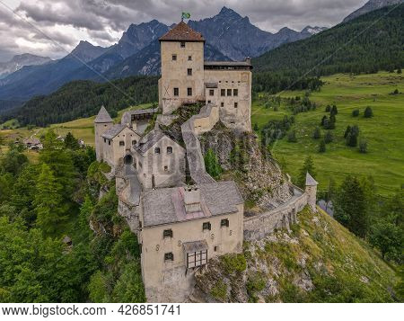 Drone View At Tarasp Castle In The Swiss Alps