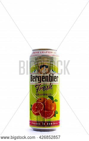 Can Of Bergenbier Fresh Beer Isolated On White. Illustrative Editorial Photo Shot In Bucharest, Roma
