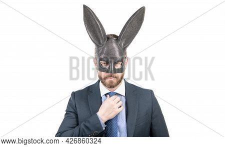 Bunny Man In Rabbit Mask. Fetish. Businessman In Sexy Bdsm Mask. Playboy. Bdsm Games