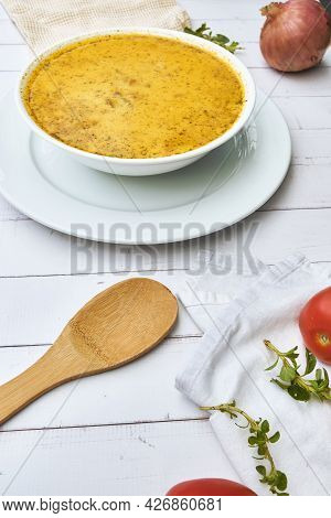 Peruvian Food, Traditional Soup A La Minuta In White Bowls, Top View.