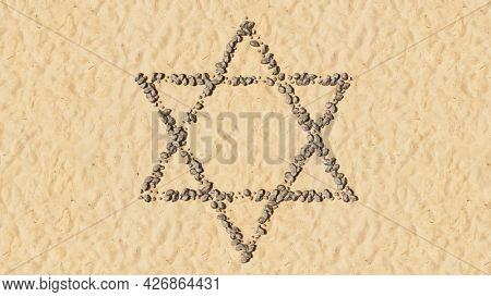 Concept conceptual stones on beach sand handmade symbol shape, golden sandy background, religious hebrew David star. 3d illustration metaphor for Judaism, Israel, religion, spirituality, prayer belief
