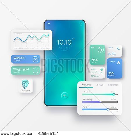 Realistic Mobile Phone With Fitness App Interface Elements. Activity App. Fitness Dashboards With Ch