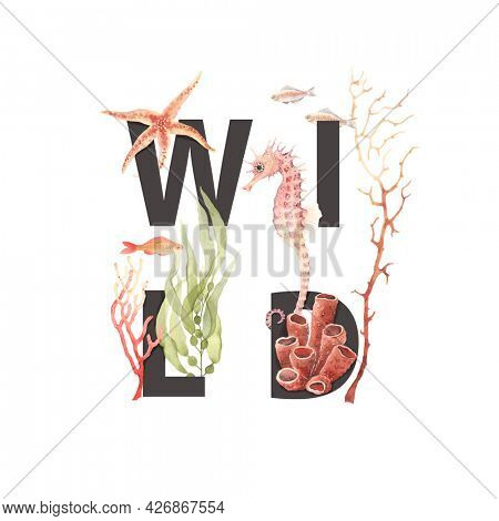 Wild sea concept, underwater wildlife print with seahorse, starfish, fishes, corals, green seaweed Macrocystis and polyps.  Watercolor isolated illustration on white background, symbol marine wildlife
