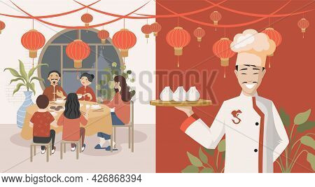 Group Of Happy People Eating In Chinese Restaurant Vector Flat Illustration. Smiling Chef Holding Pl