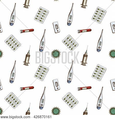 Seamless Pattern With Hand Drawn Colored Vial Of Blood, Pills And Medicines, Medical Thermometer, Co