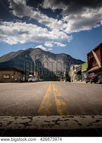 Bellevue Alberta Canada, July 13 2021: The Main Street In A Popular Mountains Town In The Canadian R