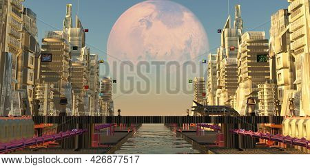 Mars Moon City 3d Illustration - A City Planted On One Of Mars Moons Deimos Is The Place Where Exped