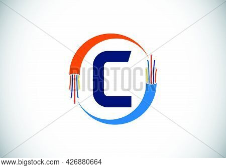 Initial C Monogram Letter Alphabet With Electric Wire, Optical Fiber Cable. Font Emblem. Modern Vect