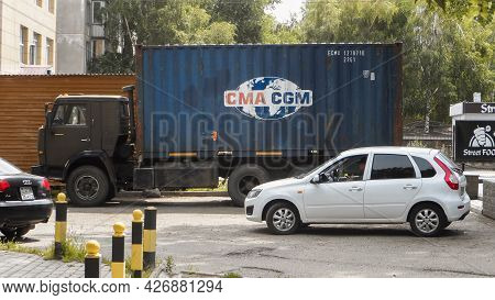Ust-kamenogorsk, Kz -july 8, 2021. Truck Kamaz 53212. Russian Car Lada Kalina.