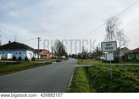 Selective Blur On A Roadsign Indicating The Entrance To Novy Prerov, In Czech Republic, With A Deser
