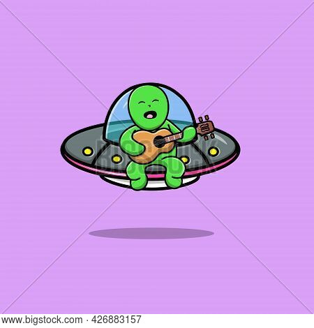 Cute Alien Playing Guitar On Ufo Space Ship Cartoon Vector Icon Illustration. Science Music Icon Con