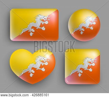 Set Of Glossy Buttons With Butane Country Flag. South Asia Country National Flag, Shiny Geometric Sh