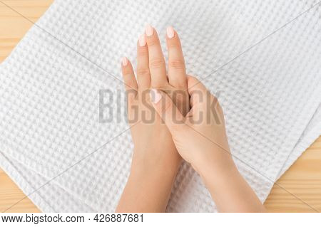Self Hand Massage By Caucasian Young Woman. Fingers And Hand Joint Health. Self Massage. Healthy Mas