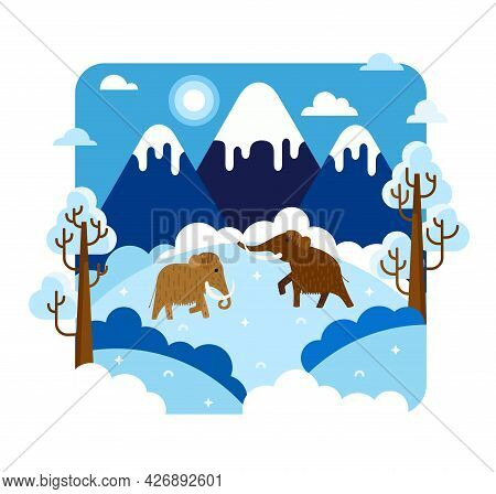 Two Mammoths In The Snow - Vector Cartoon Illustration In Flat Stilt, Ice Age Animals