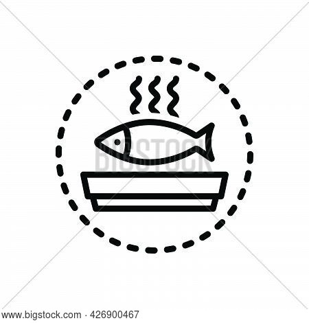 Black Line Icon For Seafood Delicious Dish Food Mackerel Fried Coocked