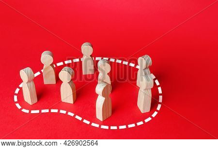 A Group Of People Is Circled In Dotted Line. Grouping People, Teaming Up. Society And Community Conc