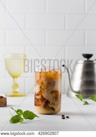 Cold Black Coffee With Ice Cubes And Cream. Coldbrew. Summer Drinks.