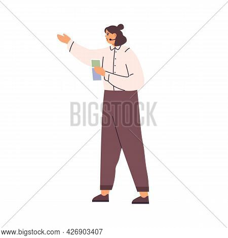 Tour Guide Leading Sightseeing Trip, Showing And Pointing At Smth During Excursion. Woman With Mic A