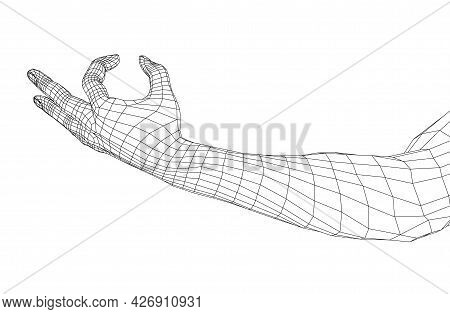 Hand Hold Some Tiny Or Thin Object. Vector Rendering Of 3d. Wire-frame Style. Hand Hold Somethin