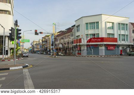 Trang, Thailand - January 1,2019 : View Of The Intersection Of Kantang Road In City Center Of Trang,