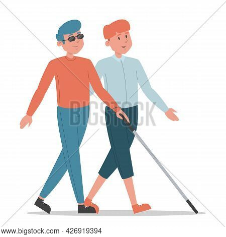 Blind Man Walking With A Friend Isolated
