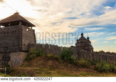 Medieval Wooden Zaporozhian Sich On Khortytsia Island In Zaporizhia, Ukraine
