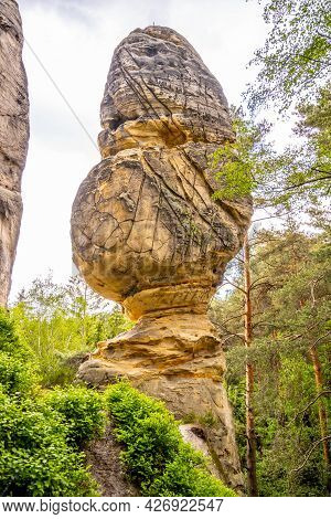 Sandstone Mushroom Rock Formation. Klokocske Rocks In Bohemian Paradise, Czech Republic