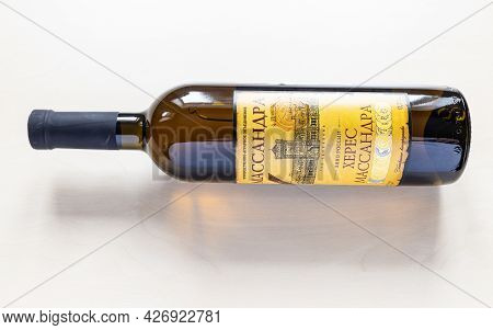 Moscow, Russia - June 10, 2021: Bottle With Aged Fortified Wine Massandra Sherry From Massandra Crim