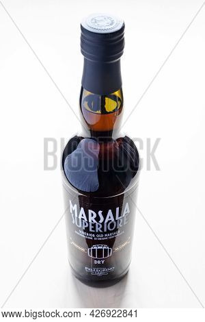 Moscow, Russia - June 10, 2021: Closed Bottle Of Dry Superior Marsala From Cantine Pellegrino. Marsa