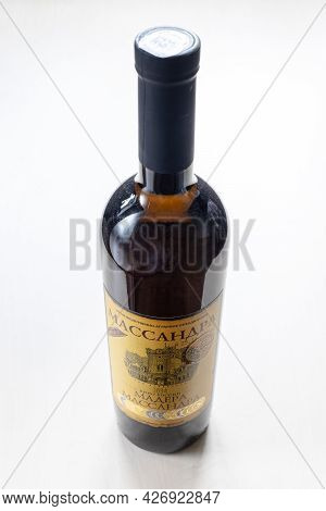 Moscow, Russia - June 10, 2021: Closed Bottle With Aged Fortified Wine Massandra Madera From Massand