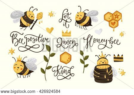 Cartoon Honey Bee Nature Graphic Set. Lettering Positive Cute Design With Text Quote.