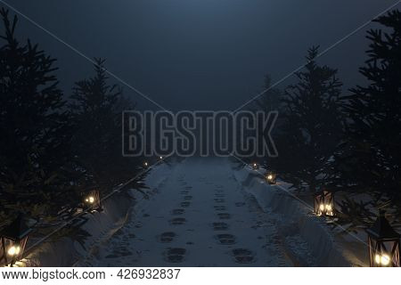 3d Rendering Of Countryside Road With Snow Trails And Wooden Lantern Nect To Fir Trees At Night