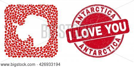 Vector Collage Antarctica Continent Map Of Love Heart Elements And Grunge Love Badge. Collage Geogra