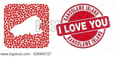 Vector Collage Kahoolawe Island Map Of Love Heart Elements And Grunge Love Seal Stamp. Collage Geogr