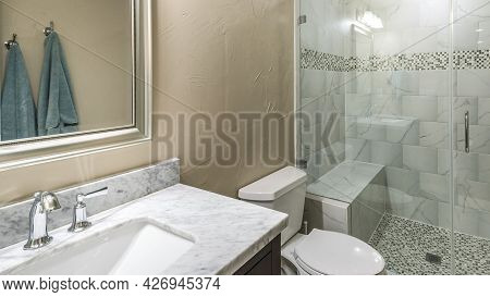 Pano Interior Of A Bathroom With Vanity Sink And Shower Stall