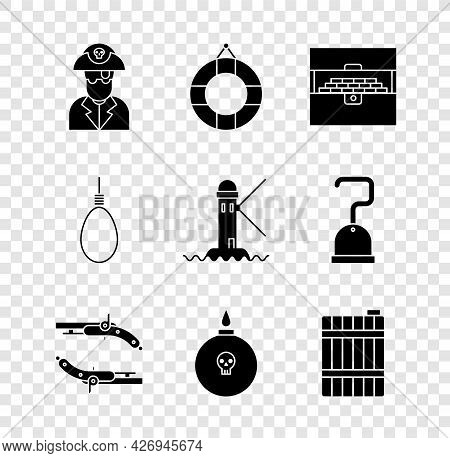 Set Pirate Captain, Lifebuoy, Antique Treasure Chest, Vintage Pistols, Bomb Ready Explode, Wooden Ba