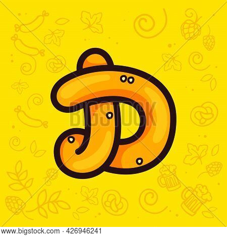 Letter D Logo Made Of Pretzel. Hand-drawn With Oktoberfest Pattern On Background. Perfect To Use In 