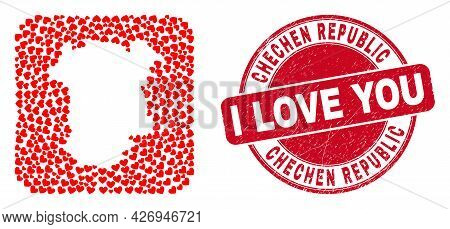 Vector Collage Chechen Republic Map Of Love Heart Elements And Grunge Love Badge. Collage Geographic