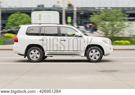 Moscow, Russia - May 2021: Toyota Land Cruiser 200 Car Moving On The Street. Compliance With Speed L
