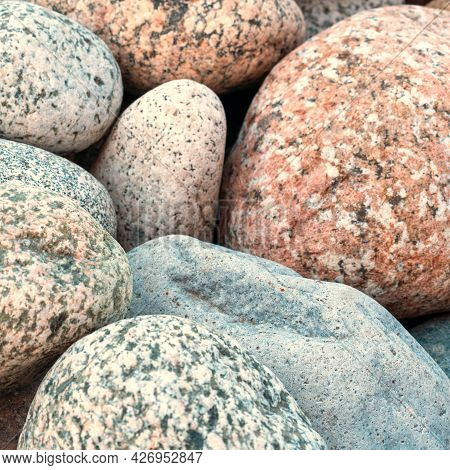 Natural Stones. The Texture Of Stones Of Different Sizes And Colors. Stone Background.