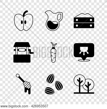 Set Apple, Jug Glass With Milk, Bag Of Flour, Honey Dipper Stick, Seeds, Tree, Well And Carrot Icon.