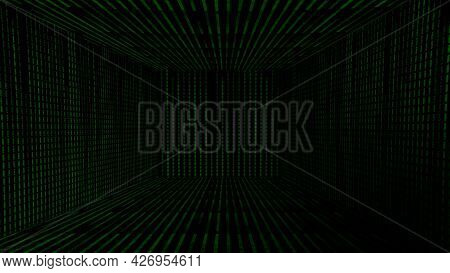 Abstract Green Futuristic Background With The Strings Forming A Corridor. Motion. Narrow Lines Or Se