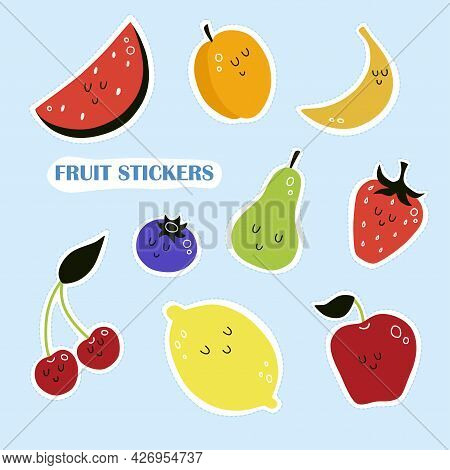 Vector Set Of Cute Cartoon Fruits. Isolated On A Blue Background. Logo, Icon, Print, Sticker, Decor.