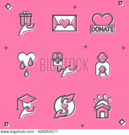 Set Give Gift, Envelope With Heart, Donation And Charity, Blood Donation, Taking Care Of Children, E