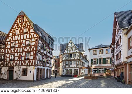 Mainz, Germany - February 13, 2021: Historic City Center Of Mainz With Old Traditional Half Timbered