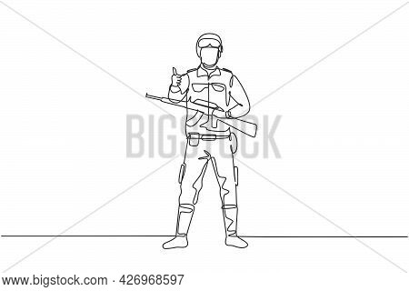 Continuous One Line Drawing Soldiers Stand With Weapons, Full Uniforms, And Thumbs-up Gestures Servi