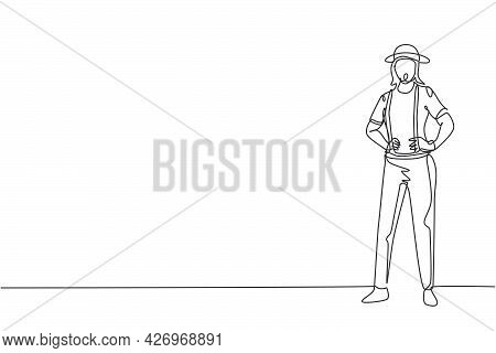 Single Continuous Line Drawing Young Female Mime Artist With Stripped Shirt Holding Hands On Hip. Pr