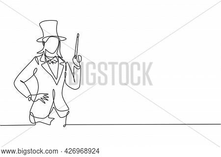 Single Continuous Line Drawing Of Young Female Magician Holding Magic Wand With Hands On Hip. Profes