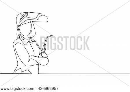 Single Continuous Line Drawing Of Young Female Welder Wearing Mask Posing Cross Arms On Chest. Profe