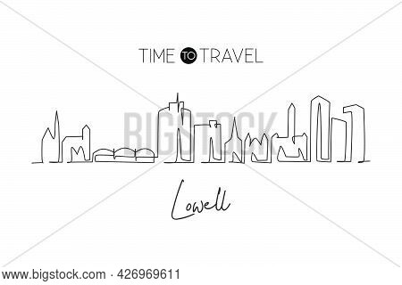 Single Continuous Line Drawing Of Lowell Skyline, Massachusetts. Famous City Scraper Landscape. Worl